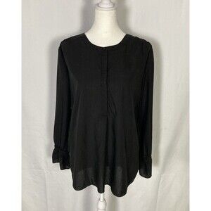 Ann Taylor Black Blouse Small Shirt Tunic Half Button Pleated Sleeve Minimalist